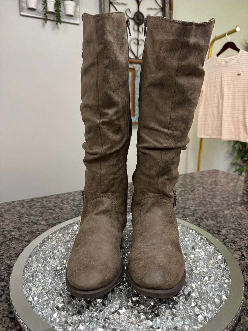 Mossimo Slouchy tall riding Taupe Boots with Side Buckle 8.5